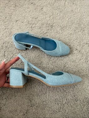 Light Blue Slingback Block Heel Pumps